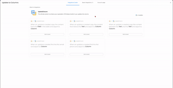 Adding an Update to Columns integration recipe to a board