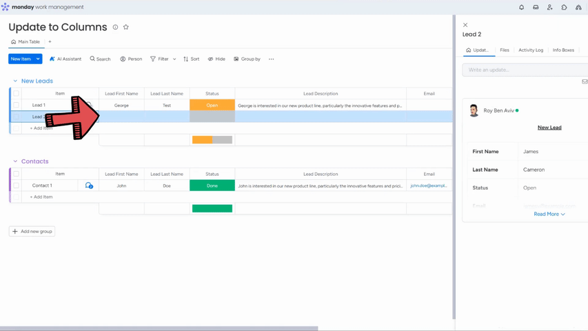An update posted on an item, and its fields appearing in the board columns